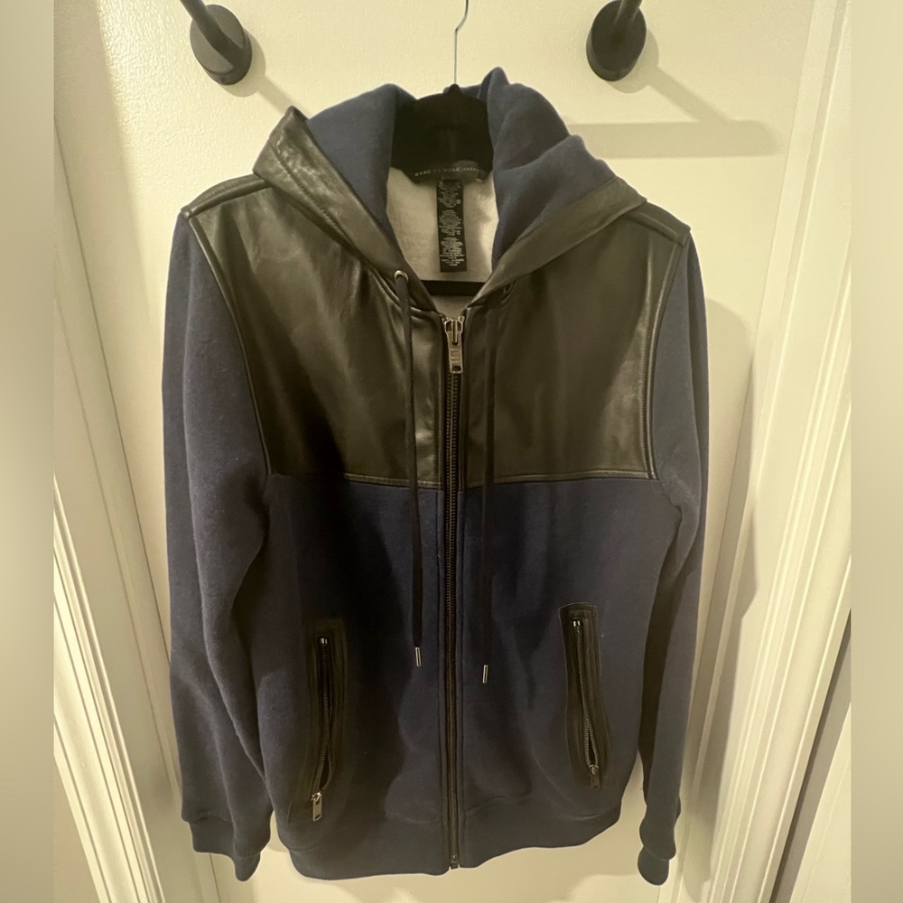 Marc by Marc Jacob’s blue and black faux leather insert zip up hoodie.
